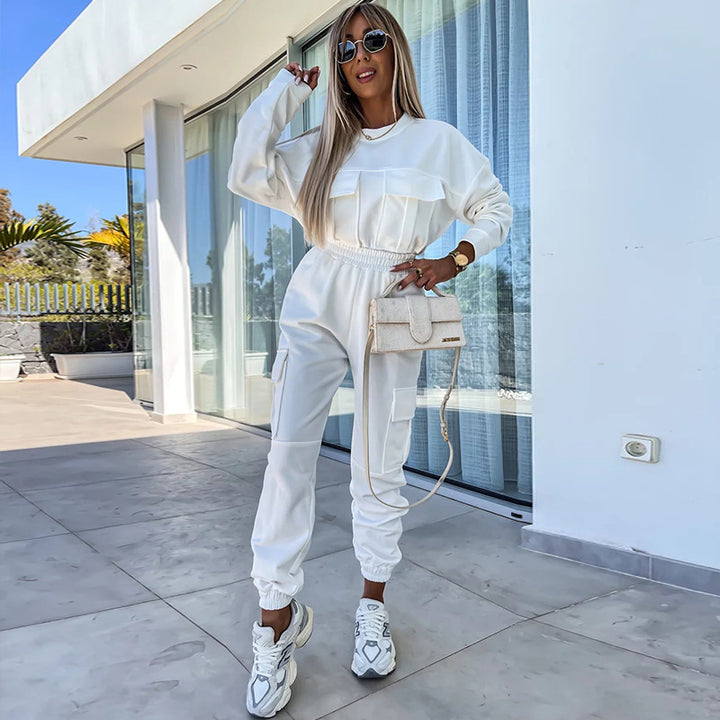 Damen Cargo-Loungewear-Set aus weicher Baumwollmischung mit hoher Taille und aufgesetzten Cargo-Taschen – Avélisse
