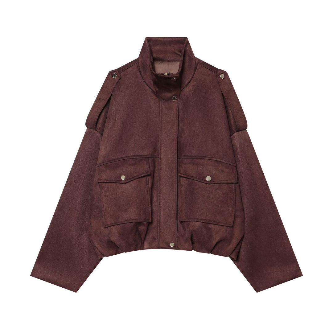 Damen kurzes Veloursblouson mit Stehkragen, Schulterpaspeln und aufgesetzten Klappentaschen – Célinea