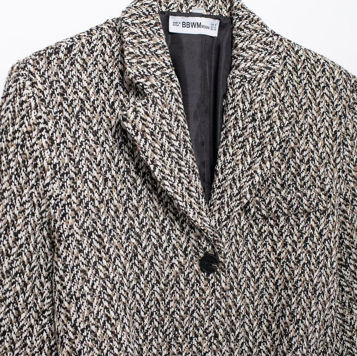 Damen Midilanger Bouclé-Tweed-Blazerjacke mit Lederimitat‑Gürtel Echo Archiv