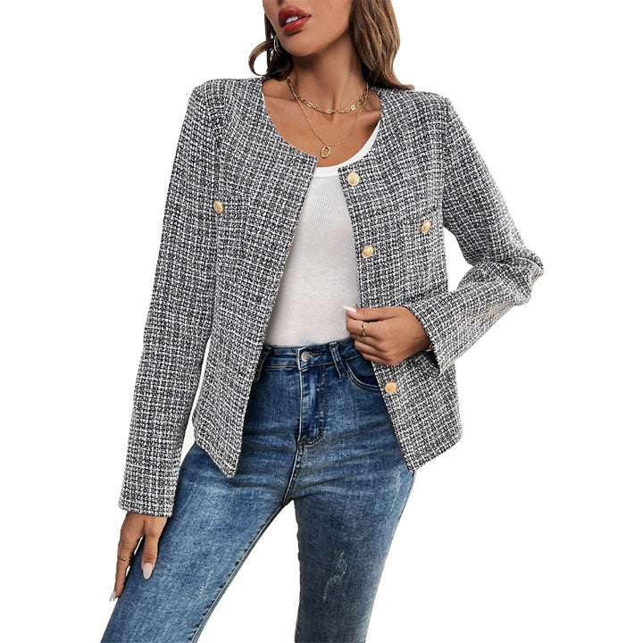 Damen Bouclé-Tweed-Blazer mit Rundhalsausschnitt, goldenen Zierknöpfen und kastiger Silhouette – Valéne