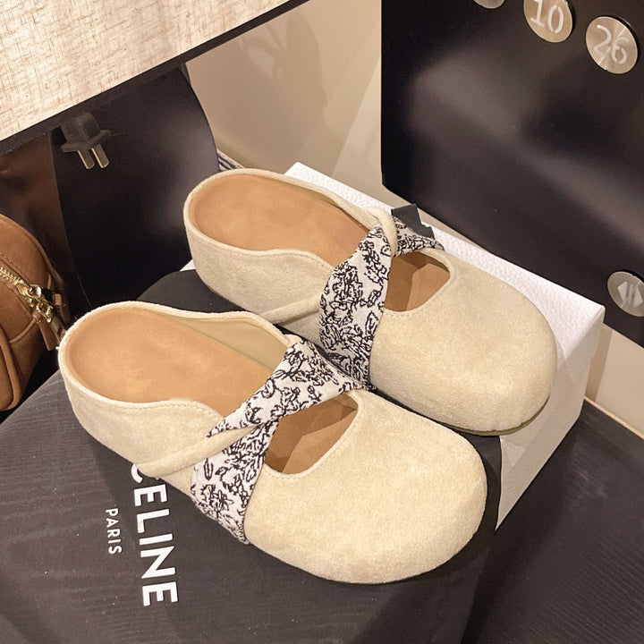 Damen Velours-Mules mit gepolstertem Fußbett und Zierkreuzriemen – Avérine