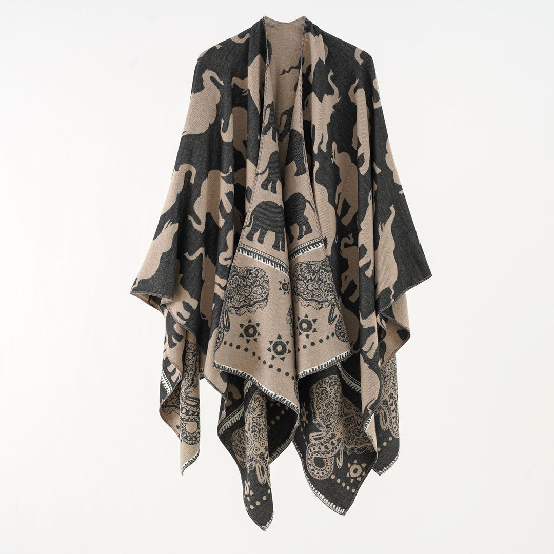 Damen Jacquard‑Ruana mit Elefantenmotiv und ornamentaler Bordüre – Avelisse