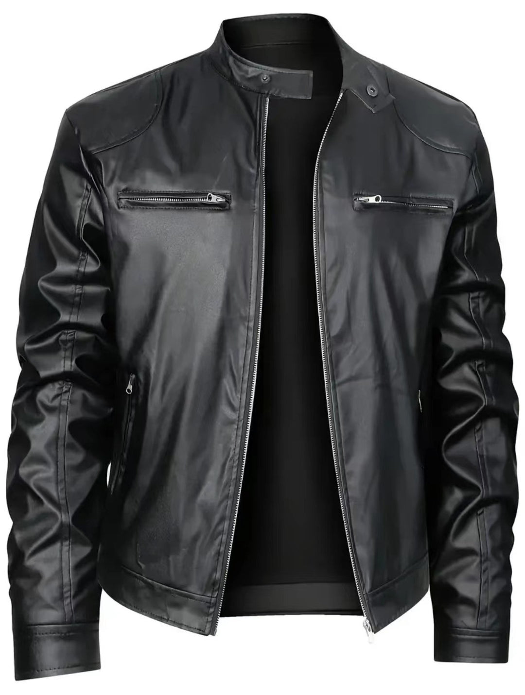 Herren nan schlanke Kunstleder-Bikerjacke mit Stehkragen, durchgehendem Reißverschluss und zwei Brusttaschen Echo Archiv