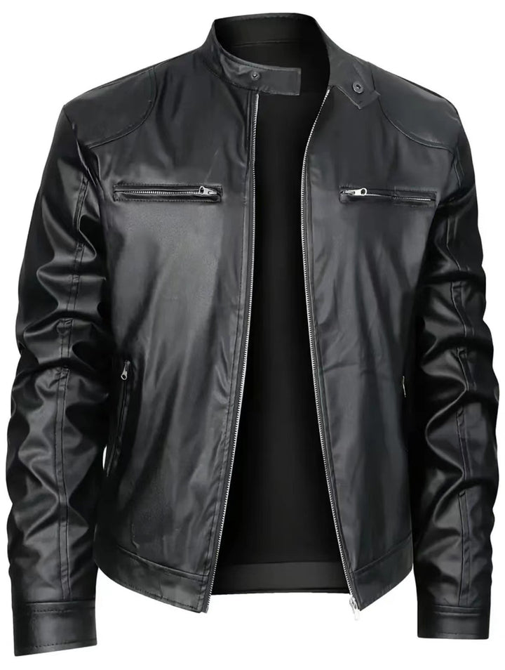 Herren nan schlanke Kunstleder-Bikerjacke mit Stehkragen, durchgehendem Reißverschluss und zwei Brusttaschen Echo Archiv