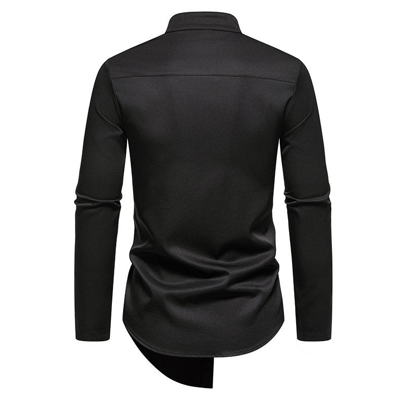 Herren elegantes Langarm-Hemd mit modernem Stehkragen und asymmetrischem Schnitt Echoarchiv