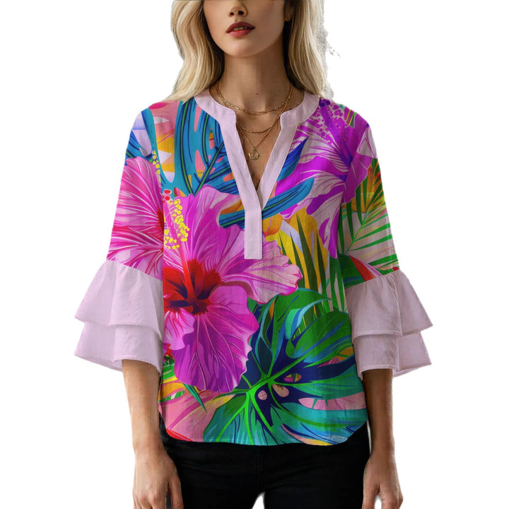 Damen Bluse mit voluminösen Rüschenärmeln und floralem Muster Echo Archiv