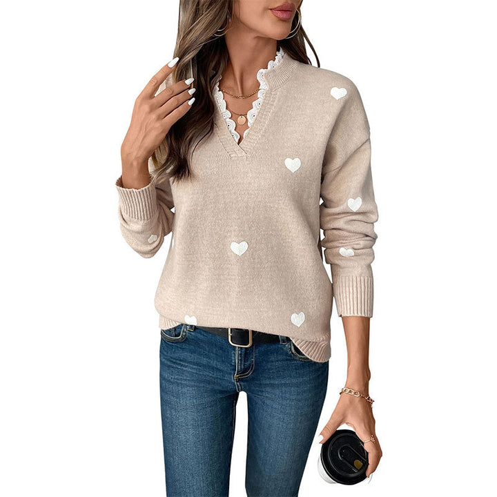 Damen V‑Ausschnitt Feinstrickpullover mit Herz‑Intarsien und gerippten Bündchen Echoarchiv