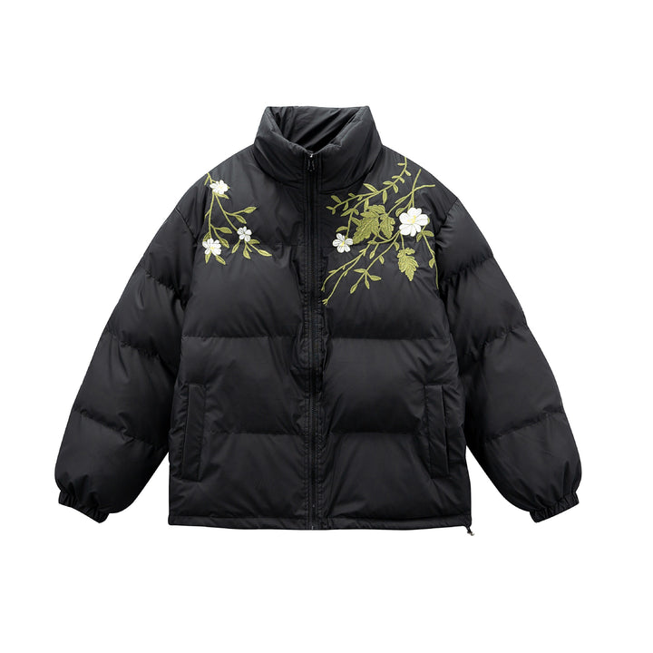 Damen Gepolsterte Oversize-Steppjacke mit Stehkragen und Blumenstickerei Echoarchiv