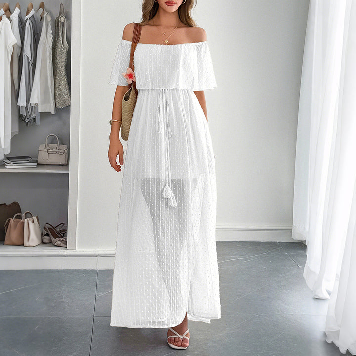 Damen Off-Shoulder Maxikleid mit feinem Punktedesign und Taillenbindung Echo Archiv