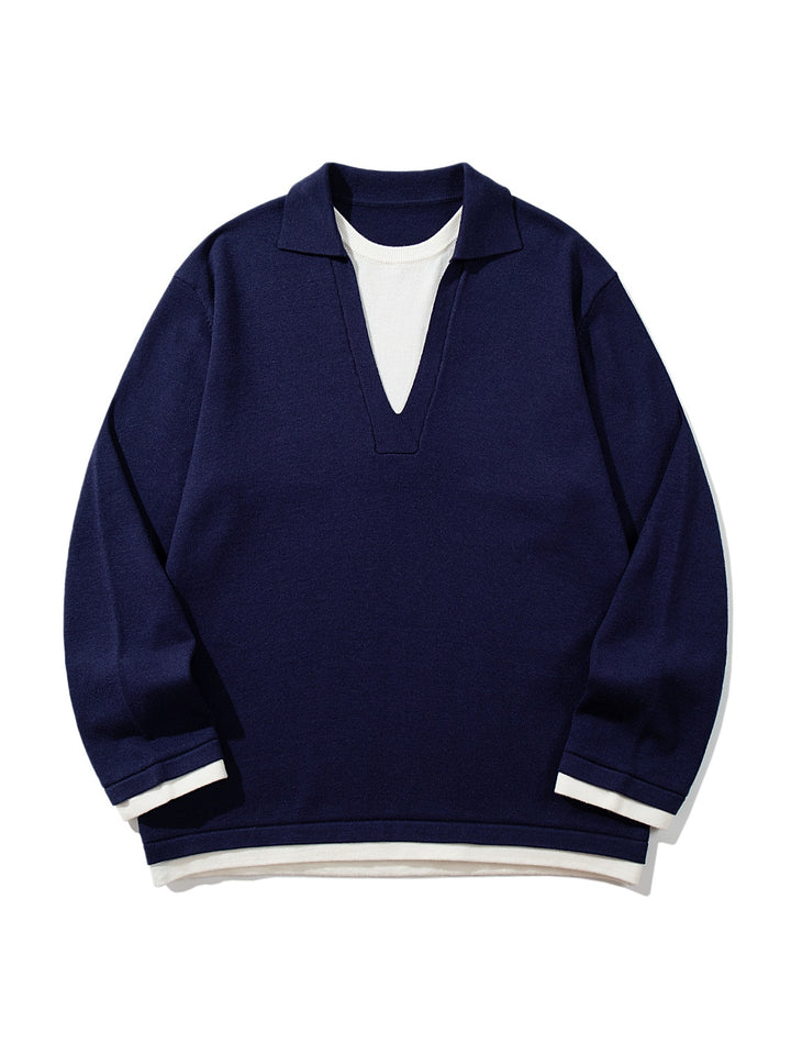 Unisex Lässiger Oversize Strickpullover mit tiefem V Einsatz und Hemd‑Layer Optik Echoarchiv