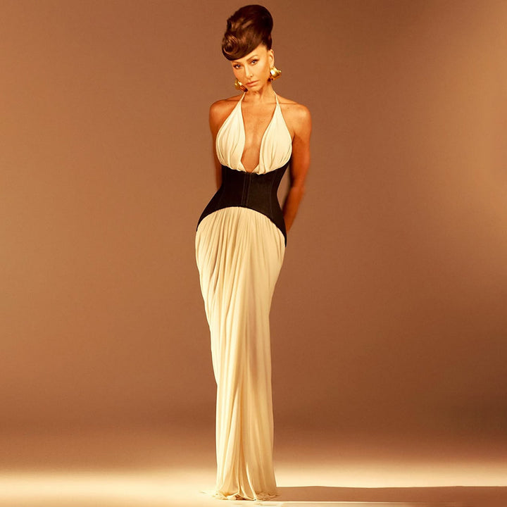 Damen Elegantes Maxi-Kleid mit tiefem V-Ausschnitt und taillierter Taille Echo Archiv
