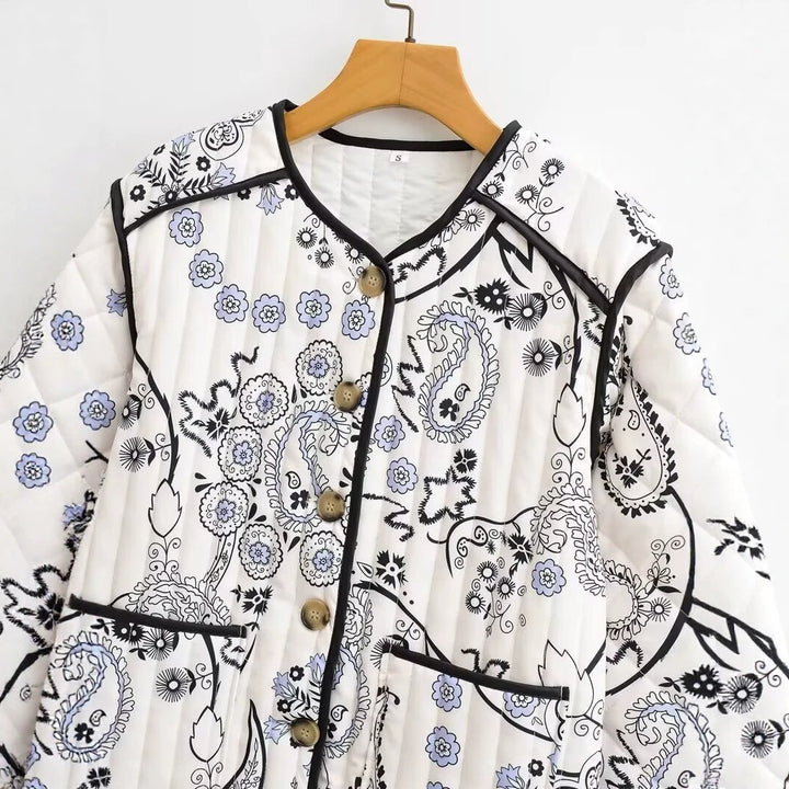 Damen Gesteppte Kurzjacke mit Paisley‑Blumenprint, Rundhalsausschnitt und Kontrastpaspel Echo Archiv