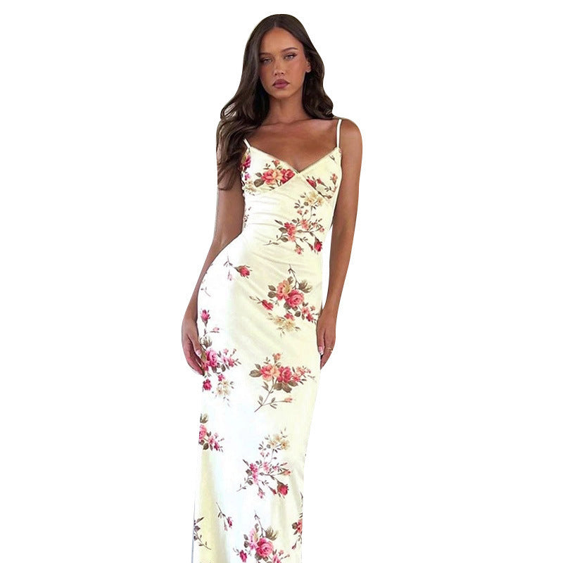 Damen elegantes Maxikleid mit zarten Rüschen und tiefem V-Ausschnitt Echo Archiv
