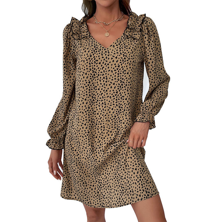 Damen Minikleid mit V-Ausschnitt, Volantkragen und dezentem Animal-Print Echoarchiv
