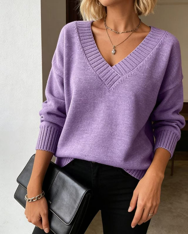 Damen Feinstrickpullover mit tiefem V-Ausschnitt und überschnittener Schulter – Mavelle