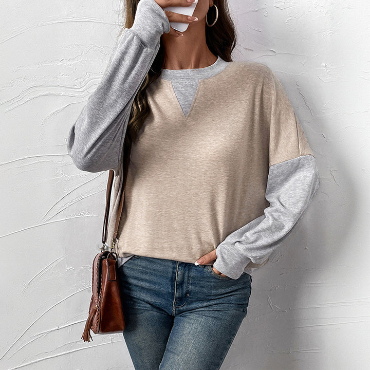 Damen Zweifarbiger Oversize-Langarmpullover mit Kontrastärmeln und V-Naht Echoarchiv