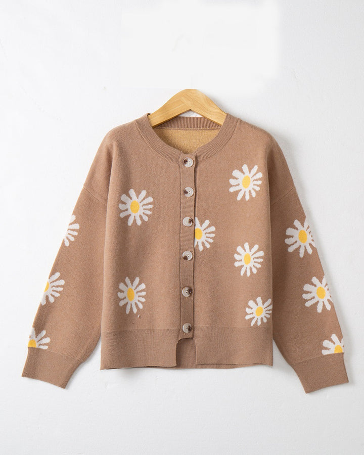 Damen Oversize-Strickcardigan mit Blumenapplikation, Perlmuttknöpfen und Wellensaum Echo Archiv