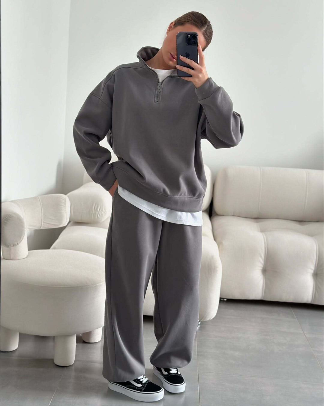 Damen nan Oversize Halbzip-Pullover mit Stehkragen und weitem Lounge-Hose-Set Echo Archiv