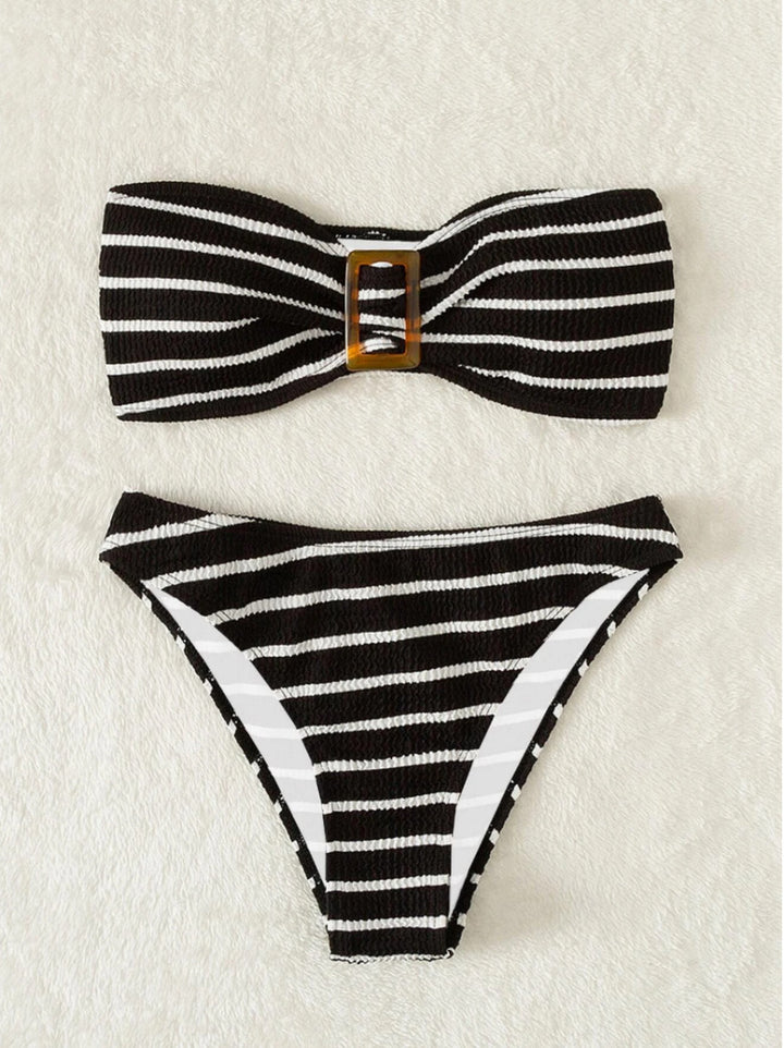 Damen Bandeau-Bikini mit modischem Streifenmuster und dekorativer Schnalle Echo Archiv