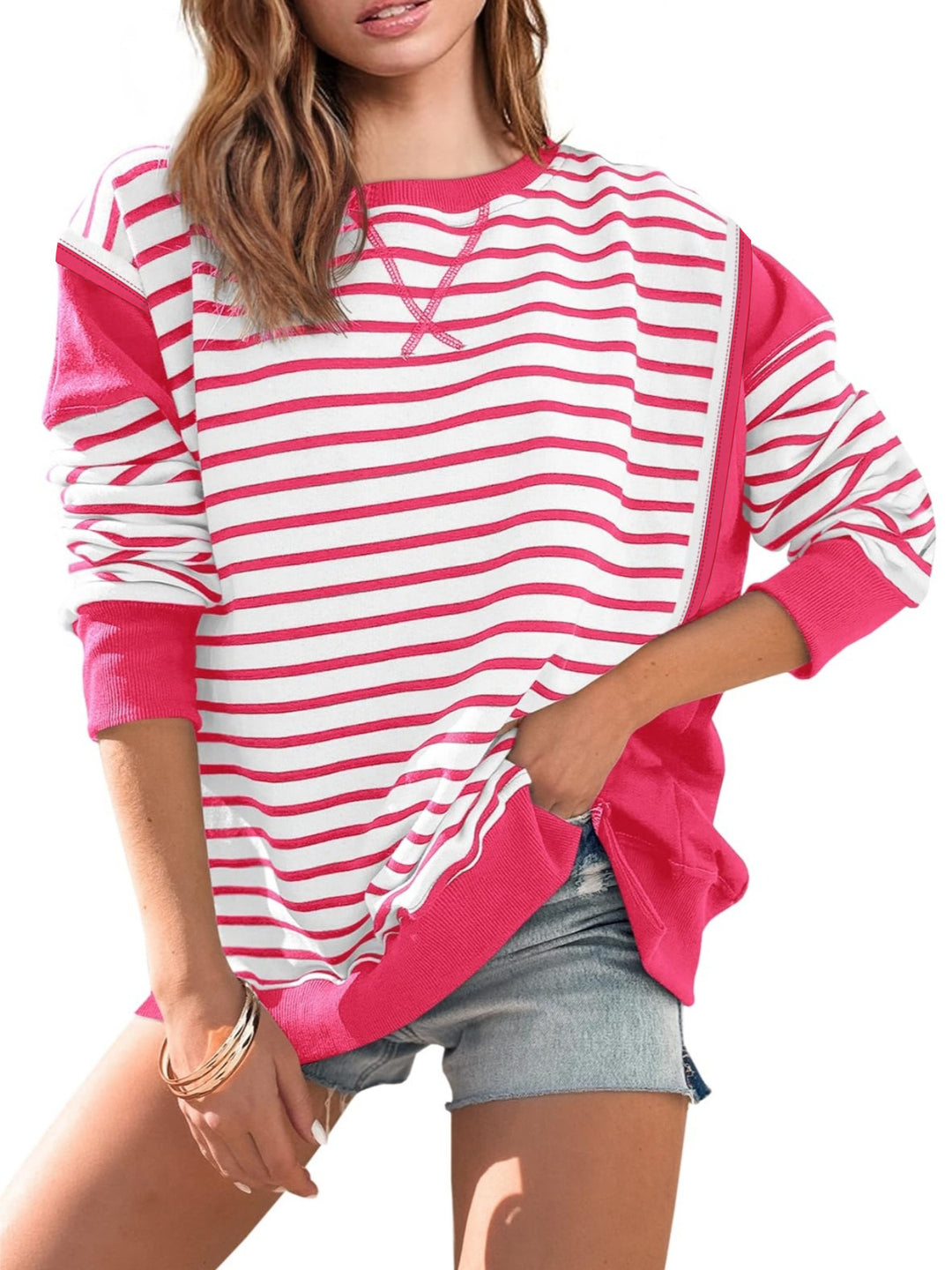 Damen Oversize Streifen-Sweatshirt mit Rundhalsausschnitt und Colorblock-Ärmeln – Avérine