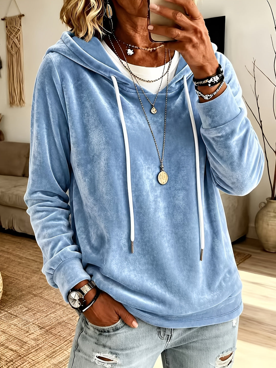 Damen Samt-Kapuzenpullover mit Relaxed-Fit und Kordelzug Echoarchiv