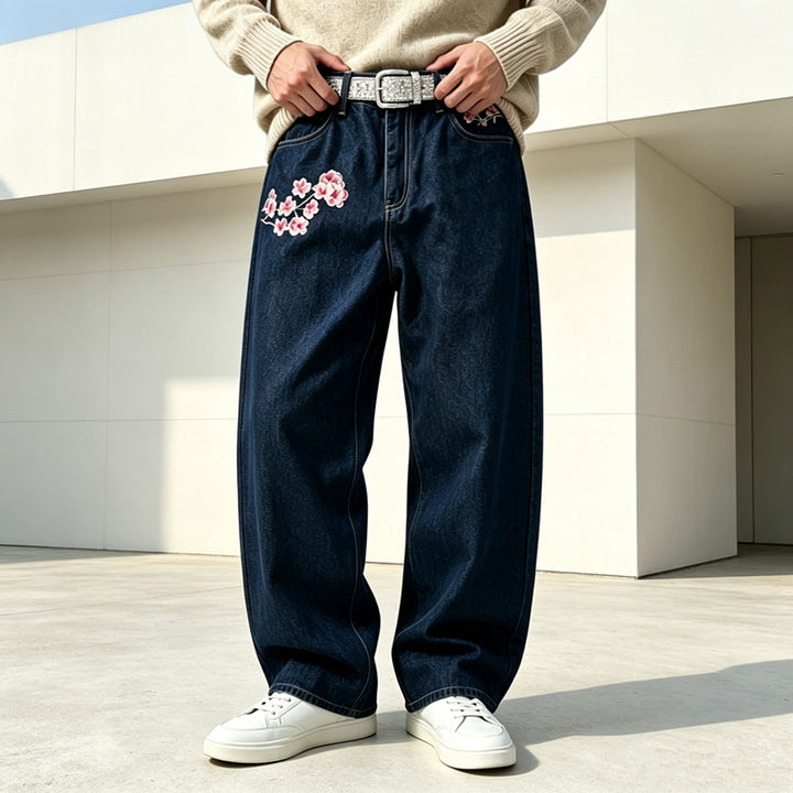 Herren Modische Weit geschnittene Denim-Hose mit Blumenstickerei Echoarchiv