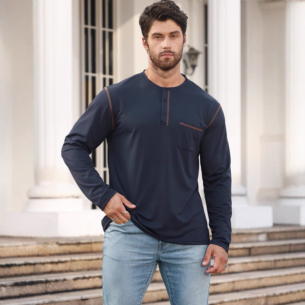 Herren nan Langarmshirt mit kurzer Knopfleiste Brusttasche und kontrastierenden Ziernähten Echo Archiv