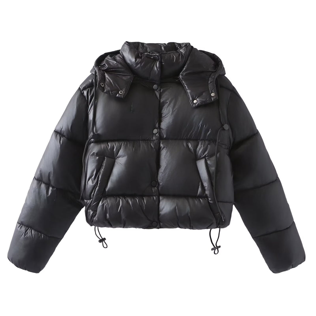 Damen Glänzende Cropped Pufferjacke mit Kordelzug und Druckknopfblende Echo Archiv