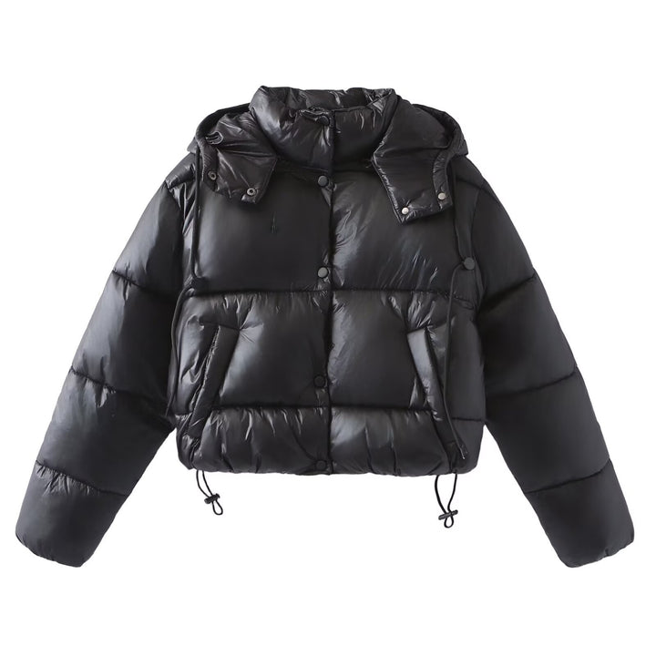 Damen Glänzende Cropped Pufferjacke mit Kordelzug und Druckknopfblende Echo Archiv