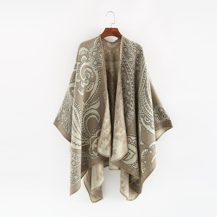 Damen Jacquard-Wollcape mit Paisley-Muster und offenem Überwurf – Avérine