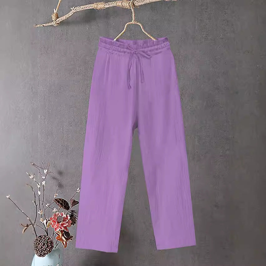 Damen Crinkle Leinenmischung Hose mit elastischem Kordelzug, gerade Beinform und lässiger Passform – Avélisse