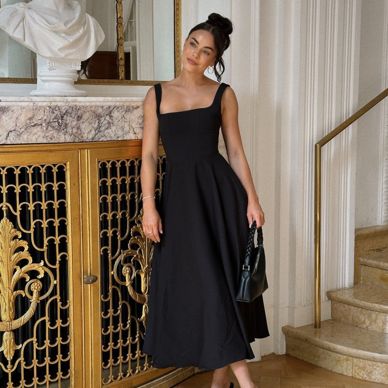Damen Elegantes Maxikleid mit quadratischem Ausschnitt und fließendem Rock Echoarchiv