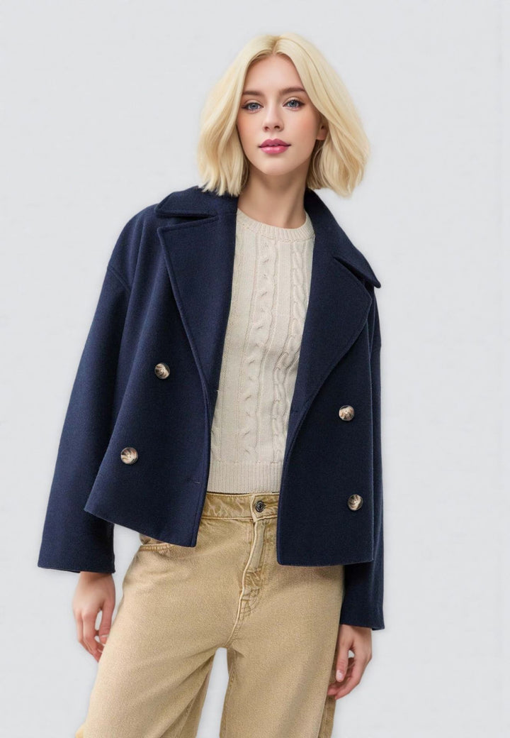 Damen nan kurzes doppeltreihiges Wollmix-Manteljacke im Boxy-Cut mit weitem Reverskragen Echo Archiv