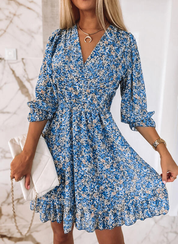 Damen Florales Chiffon-Minikleid mit V-Ausschnitt und Taillengürtel-Effekt Echoarchiv