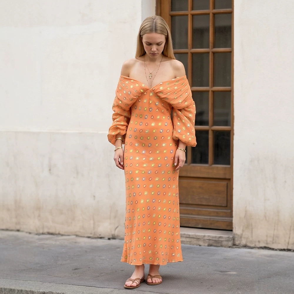 Damen Elegantes Off-Shoulder Maxikleid mit gedrehtem Vorderteil und Ballonärmeln Echoarchiv