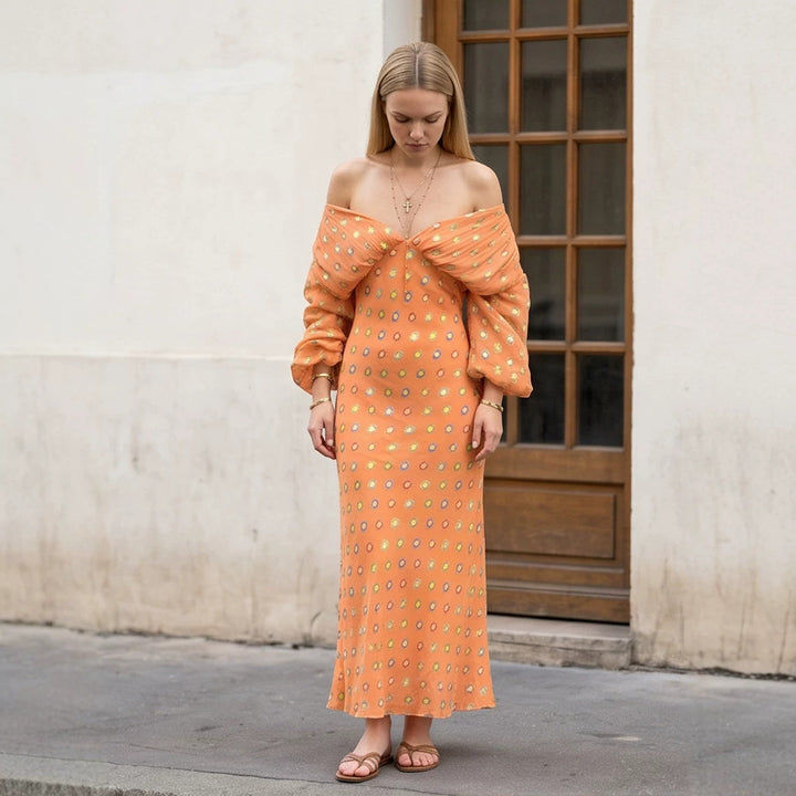 Damen Elegantes Off-Shoulder Maxikleid mit gedrehtem Vorderteil und Ballonärmeln Echoarchiv
