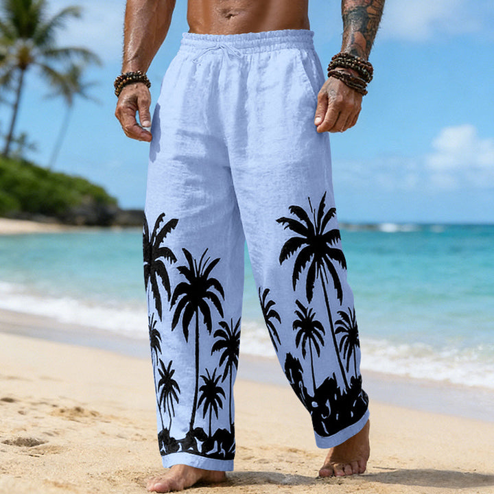 Herren Lässige weite Leinenhose mit elastischem Bund und tonalem Palmenprint – Sorevano