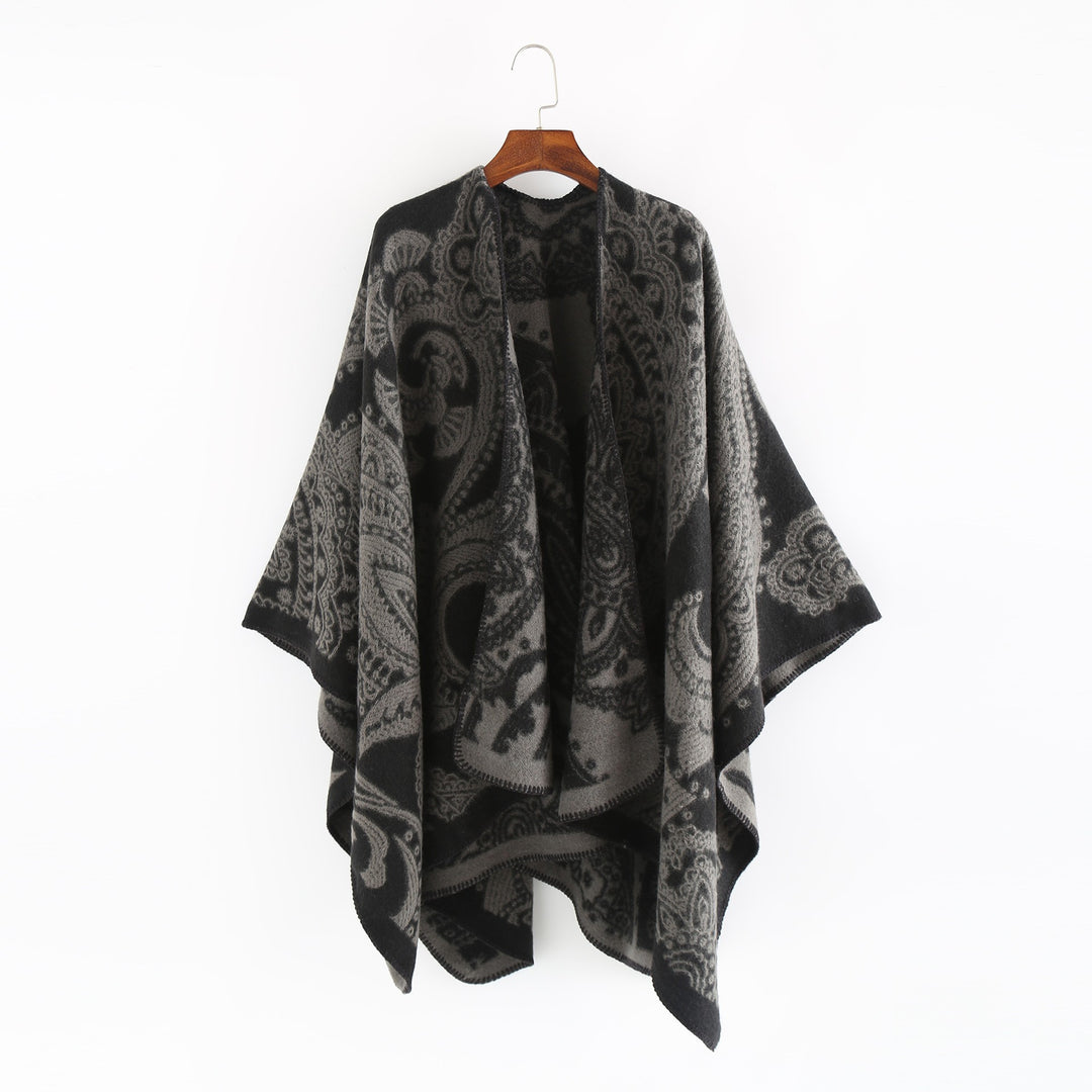 Damen Jacquard-Wollcape mit Paisley-Muster und offenem Überwurf – Avérine