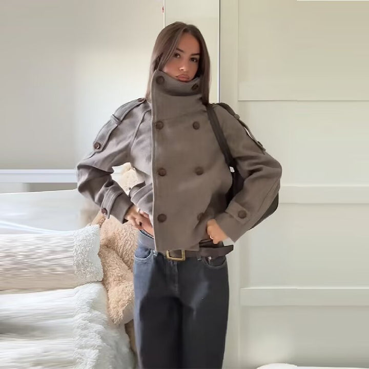 Damen Kurzer Cape-ähnlicher Wollmix-Peacoat mit hohem Funnelkragen und Raglanärmeln Echoarchiv