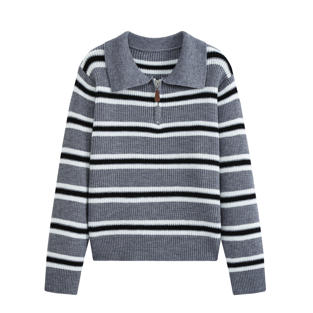 Damen Gestreifter Strickpullover mit Polokragen und Halbreißverschluss Echoarchiv