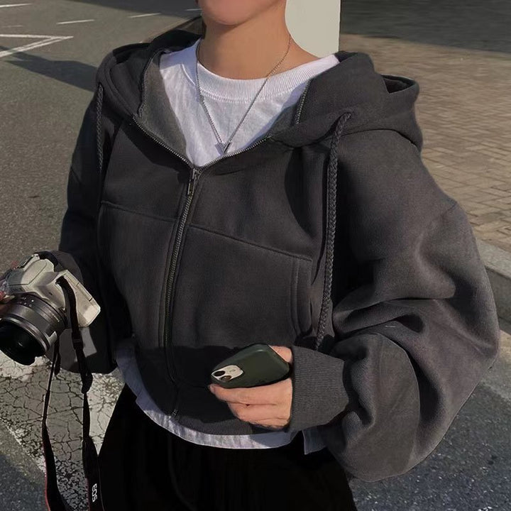 Damen oversized cropped Kapuzenjacke mit Reißverschluss und Ballonärmeln – Auréline