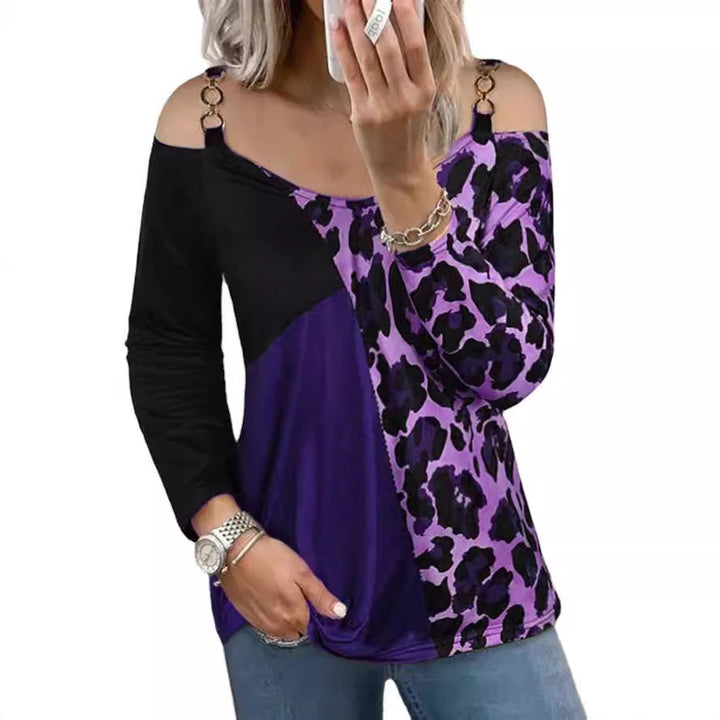 Frauen Off-Shoulder Patchwork Langarm mit Leopardenmuster und Ringdetail-TrägerEchoarchiv