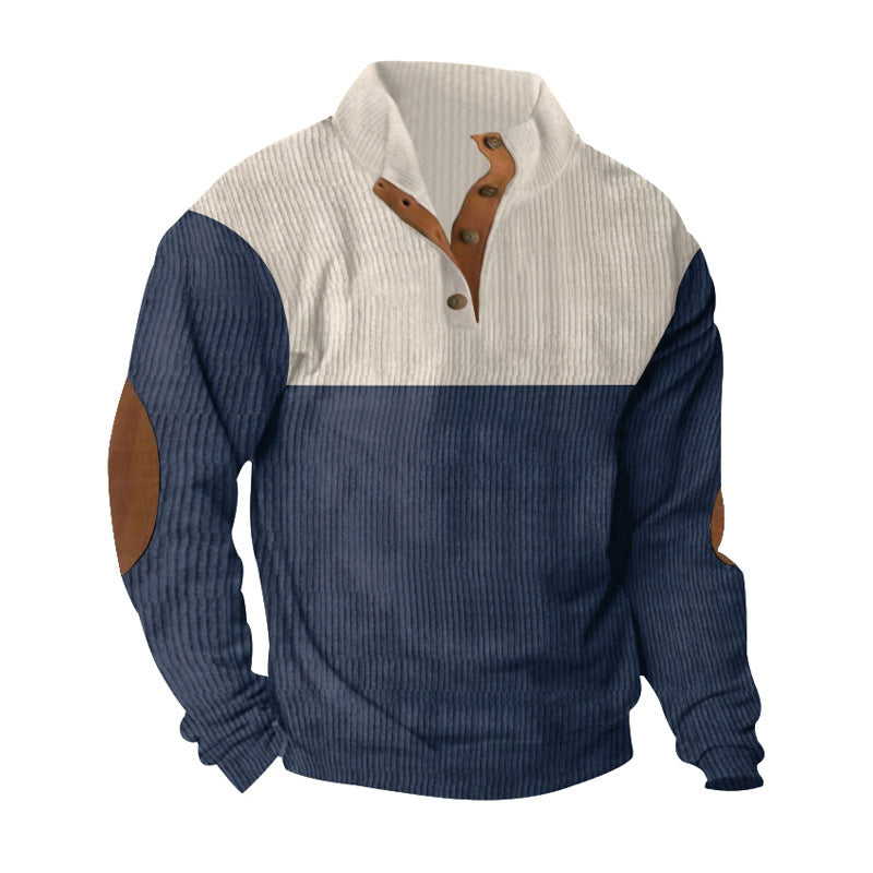 Herren nan gerippter Pullover mit Stehkragen, Knopfleiste und Ellbogen-Patches Echo Archiv