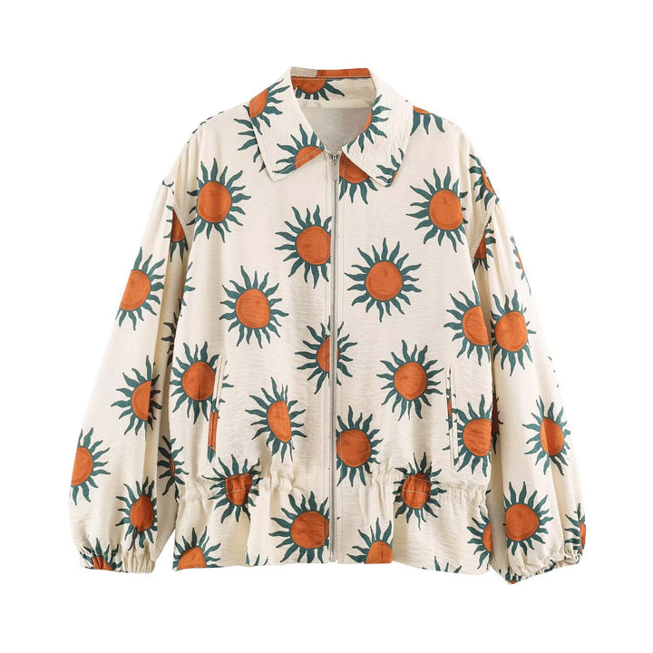 Damen Leichte bedruckte Blousonjacke mit Sonnendesign, Tunnelzugtaillierung und Reißverschluss Echo Archiv