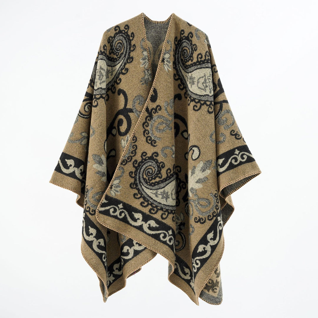 Damen Jacquard-Wollmix-Poncho mit Paisley‑Jacquard und offenem Kimono‑Fall – Montévia