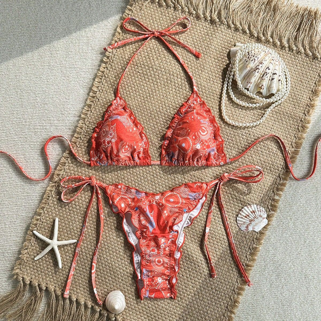 Damen Triangel-Bikini mit Rüschendetails und lebhaftem Blumendruck Echo Archiv
