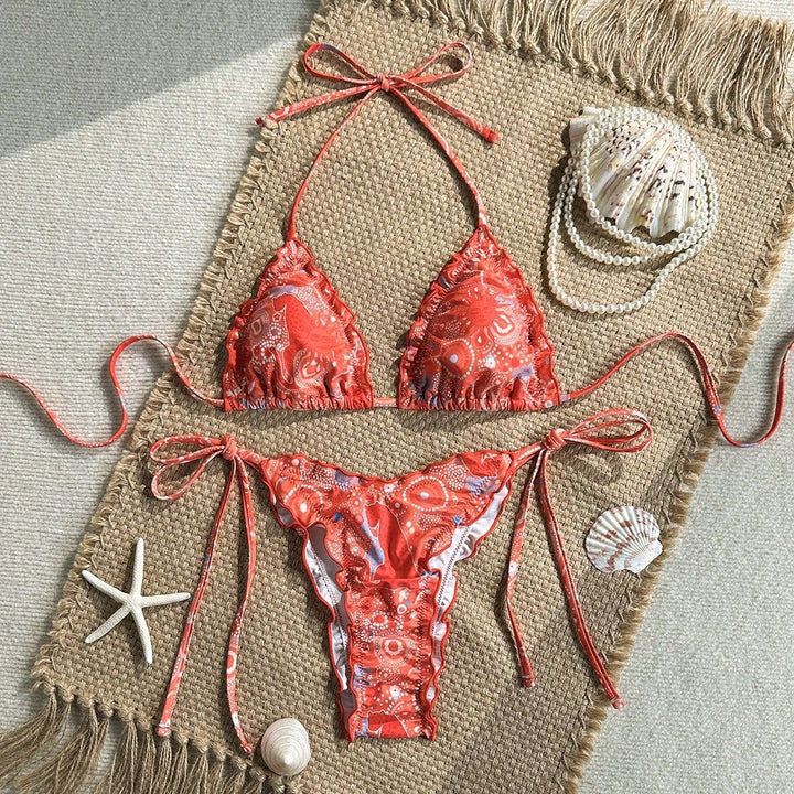 Damen Triangel-Bikini mit Rüschendetails und lebhaftem Blumendruck Echo Archiv