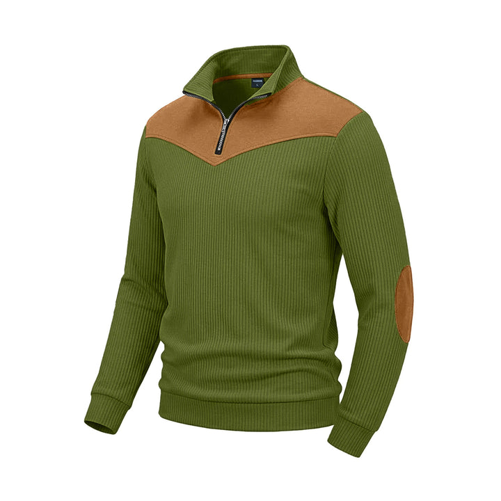 Herren Strickpullover mit Troyerkragen, Rippenstruktur und Ellbogen-Patches – Norvane