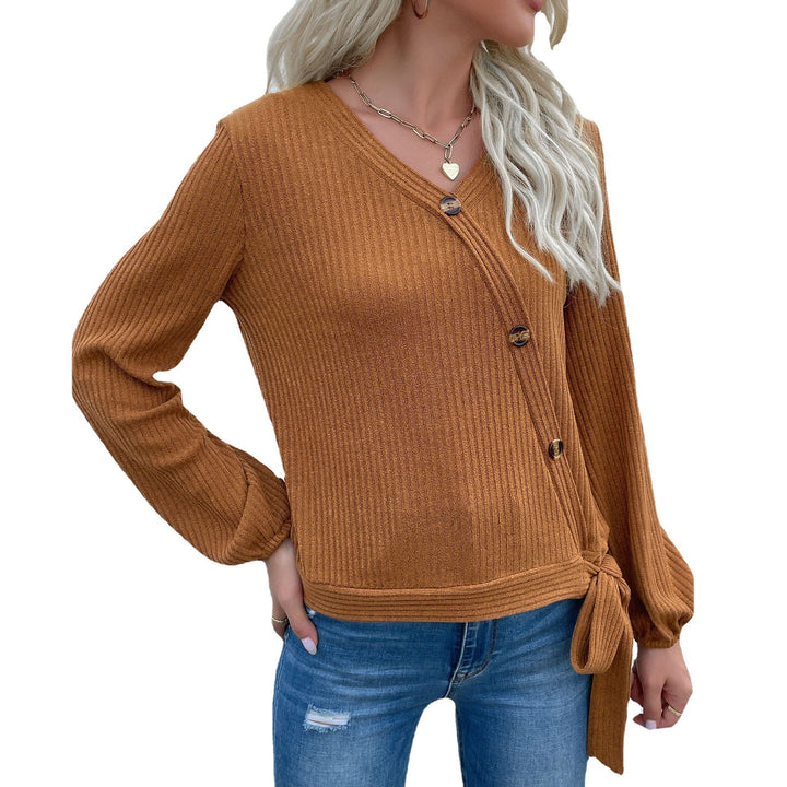 Damen Gerippte Wickel-Strickjacke mit V‑Ausschnitt, asymmetrischer Knopfleiste und Taillenband Echoarchiv