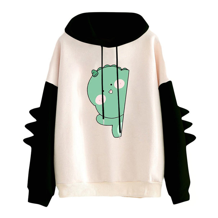Damen weiter Kapuzenpullover mit dreidimensionalen Rückenstacheln und niedlichem Dino-Print – Auréline